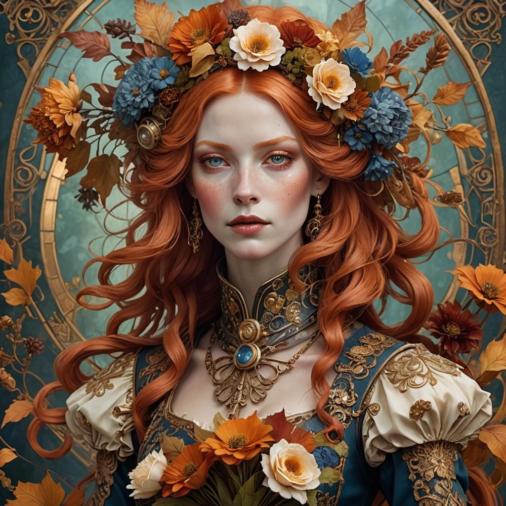 Art Nouveau Steampunk Albino Woman with Autumn Flowers