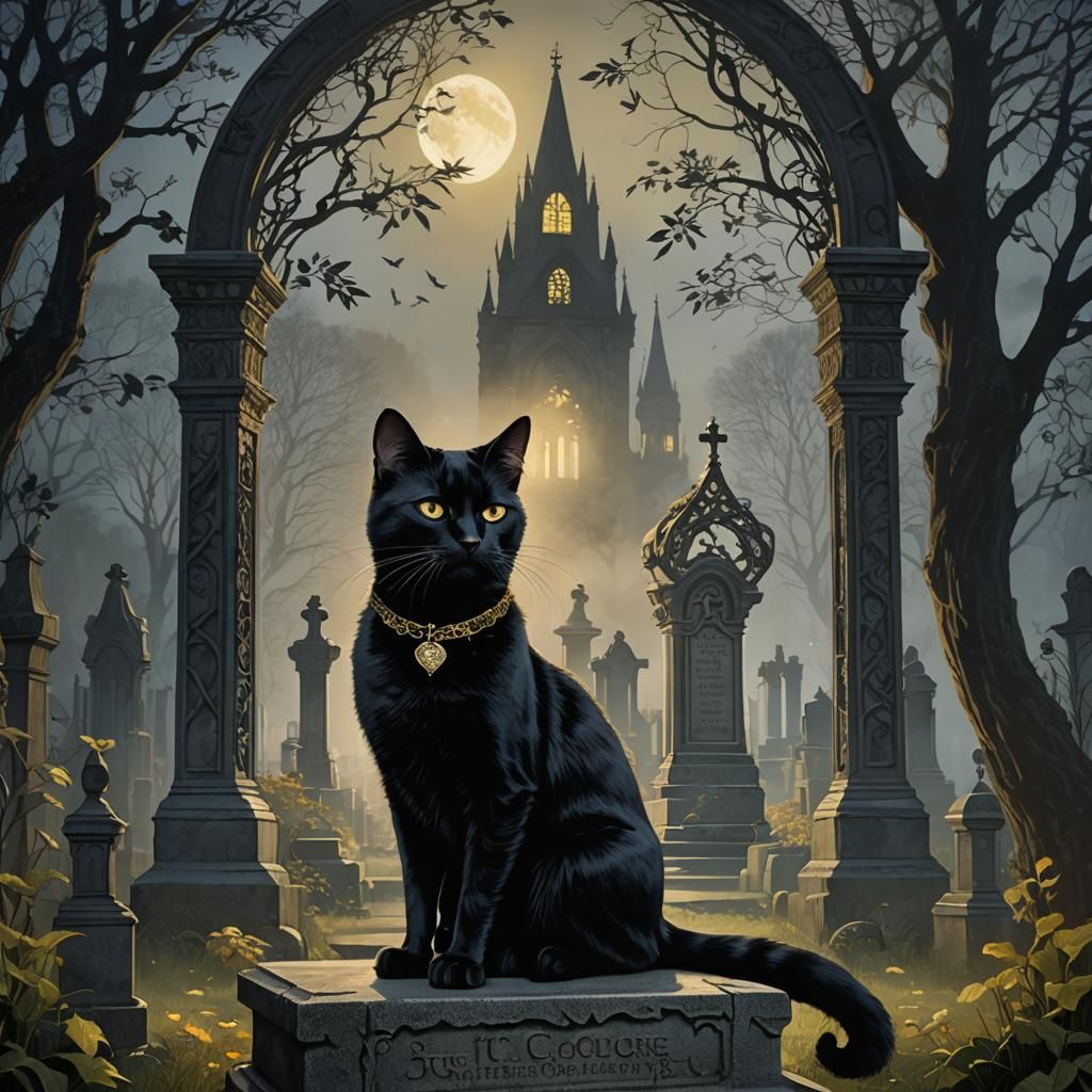 Art Nouveau Cat in Gothic Cemetery, Realism Artwork