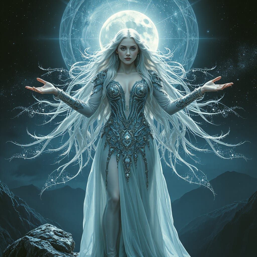 A celestial sorceress with long, silver hair interwoven with...
