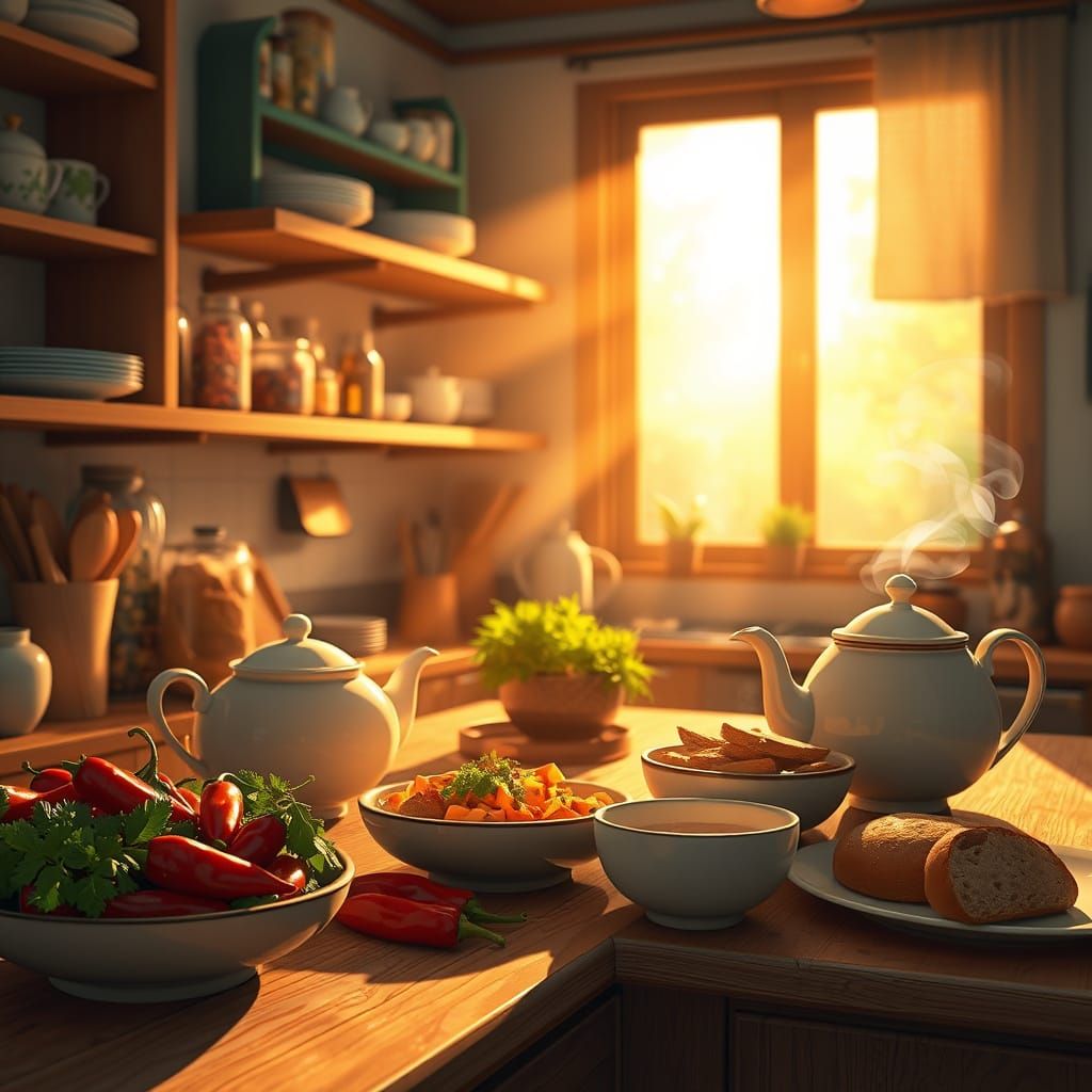 Cozy Anime Kitchen in Warm Golden Light