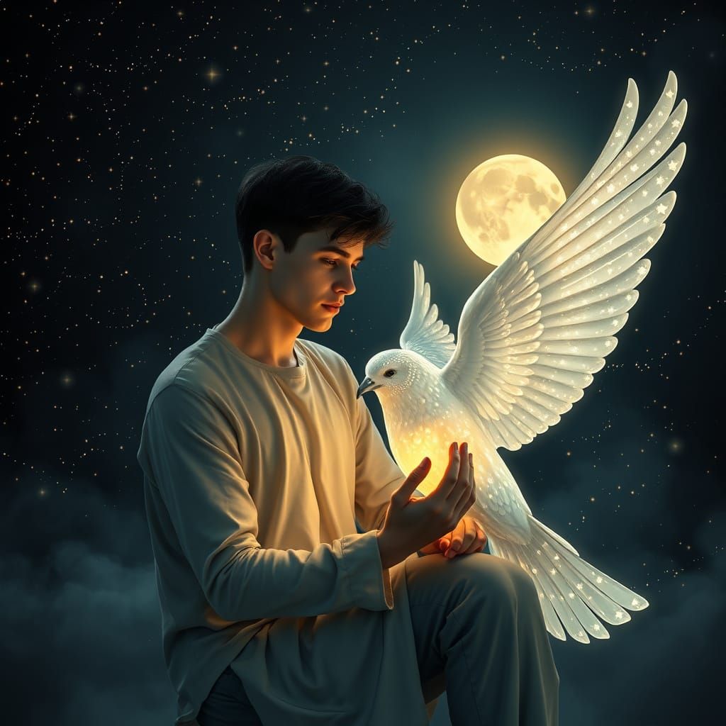 Young Man Plays Glass Piano Under Starry Sky