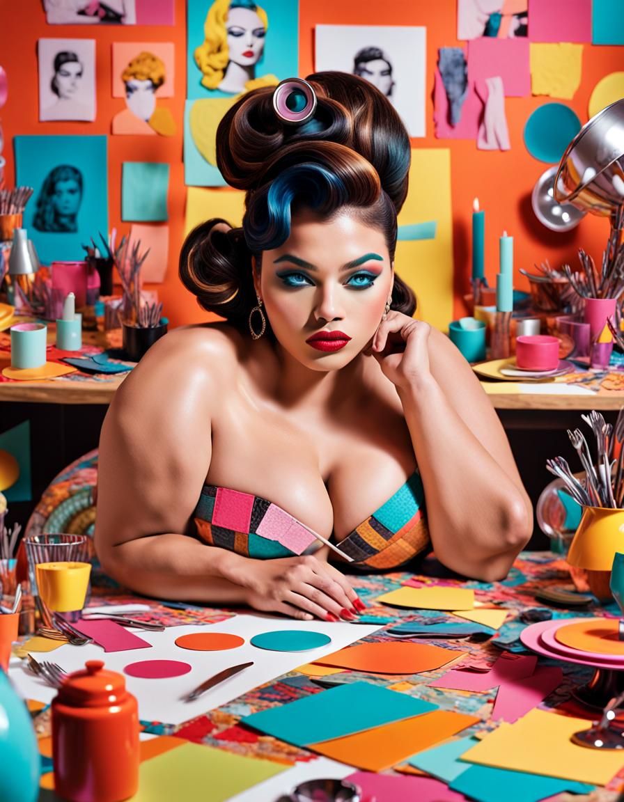 Voluptuous Model Posing in Surreal Pop Art Collage