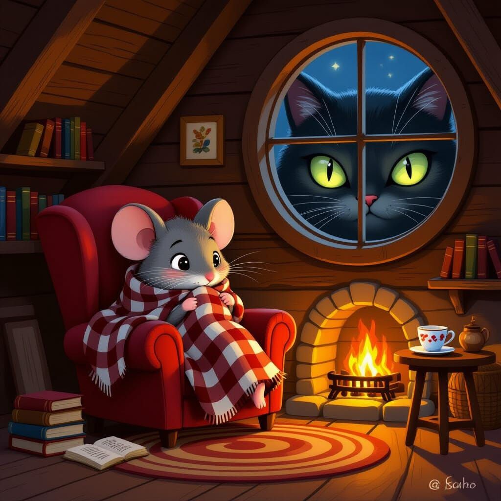 Mouse in Armchair: Cozy Cottage Storybook Illustration