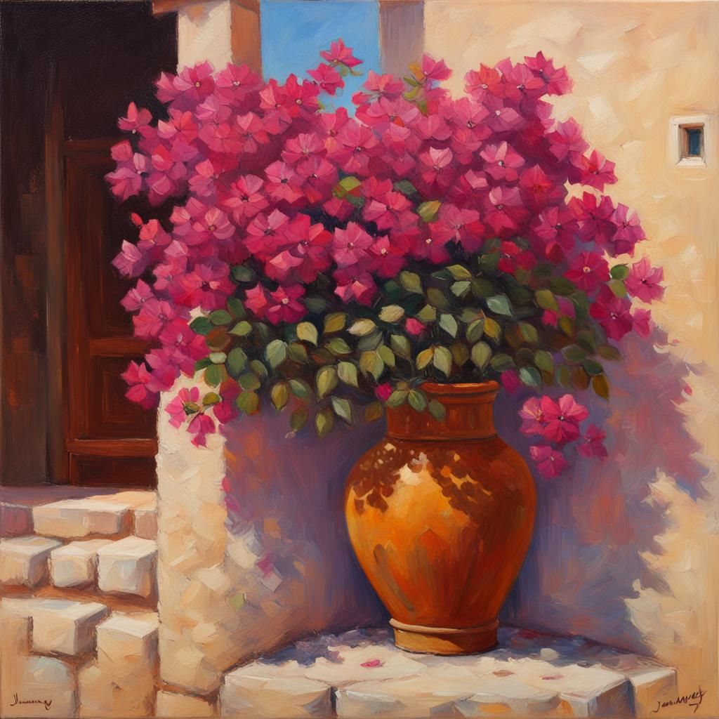 Bougainvillea Vase in Mediterranean Home: Oil Painting