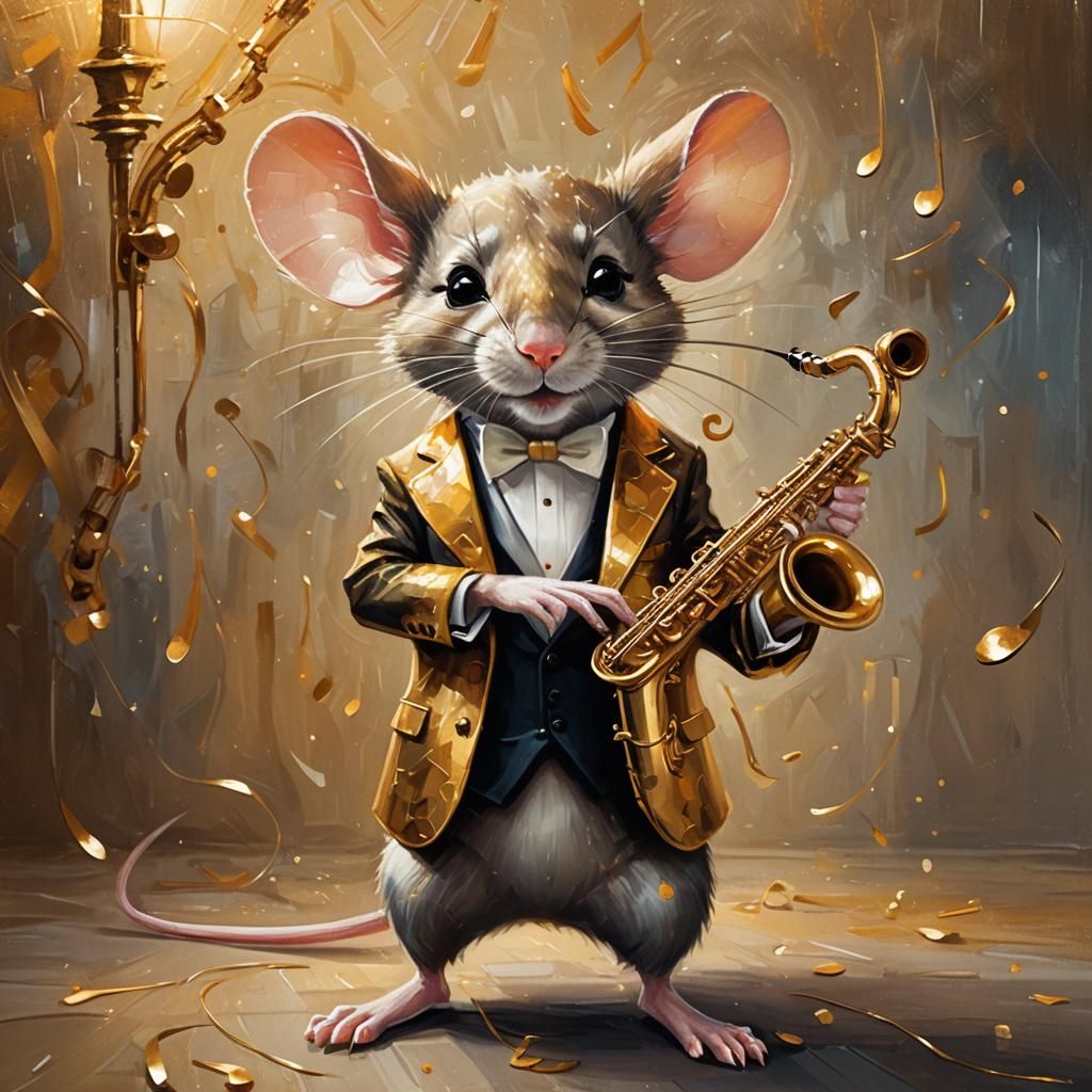 Mouse Saxophonist in Golden Light: Illustrative Oil Painting