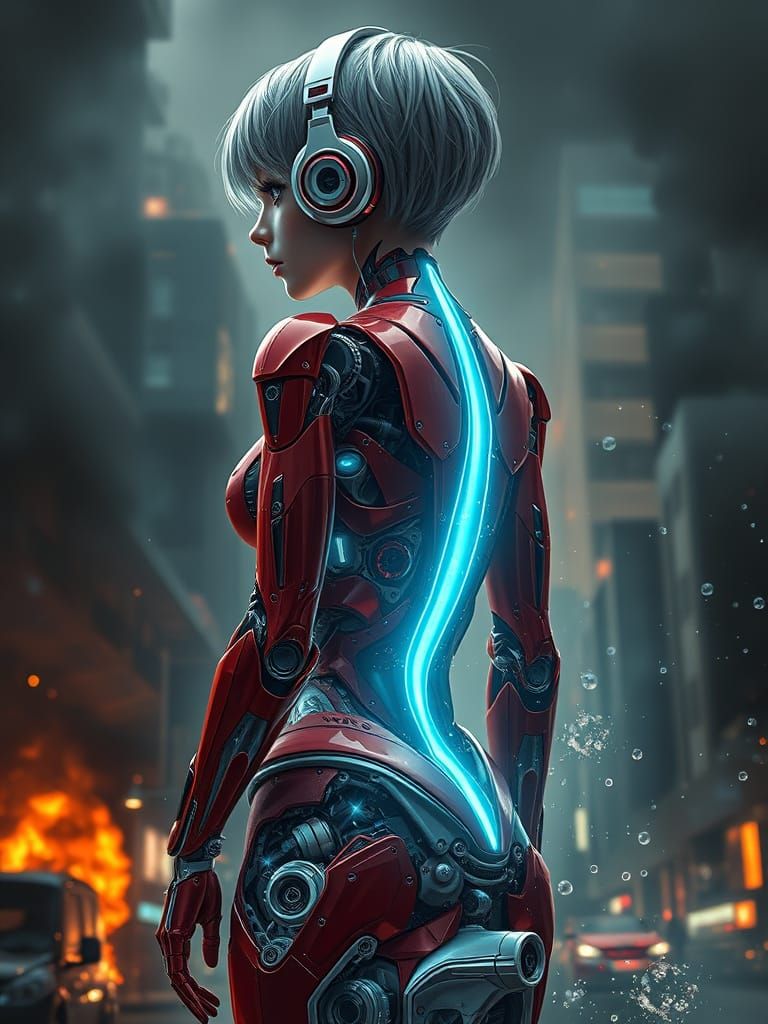 Mecha Girl Made of Ferrari Parts in Burning City