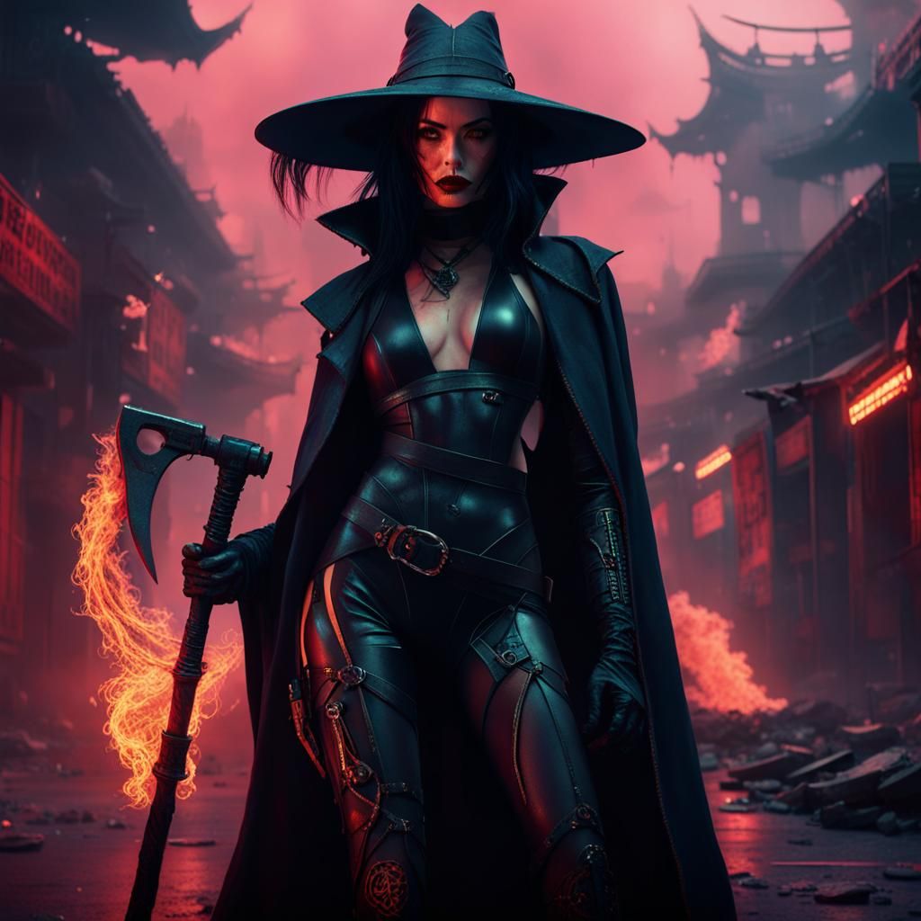 Cyberpunk Witch Queen with Scythe in Red Mist
