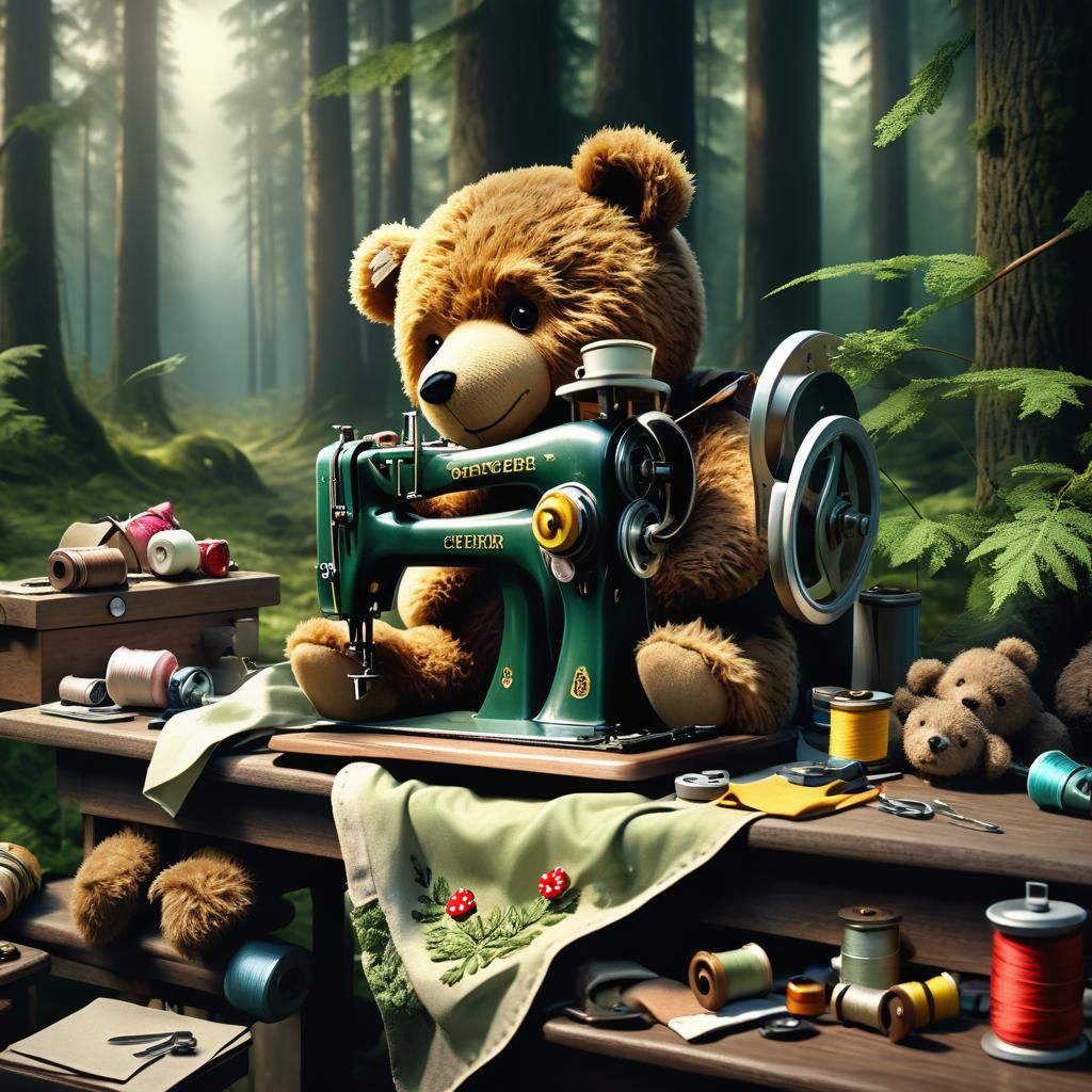 Teddy Bear Sewing Bears in Forest, Hyperreal Detail