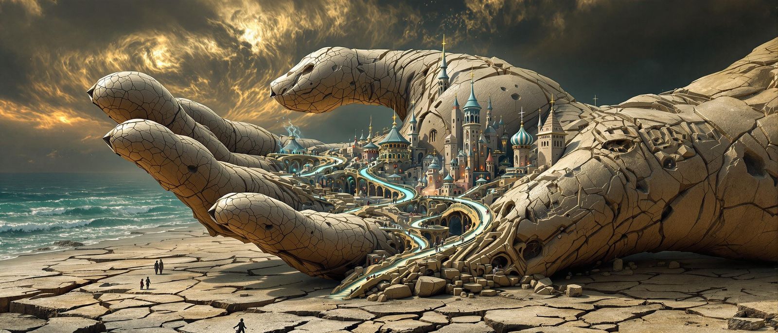 Ethereal Metropolis within Petrified God's Hand