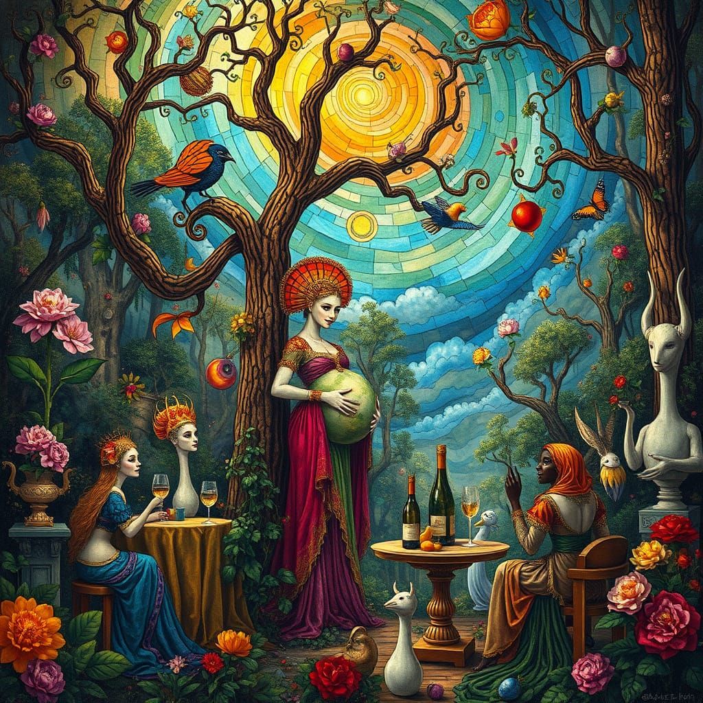 Surreal Garden Party in Dreamlike Stained Glass Style