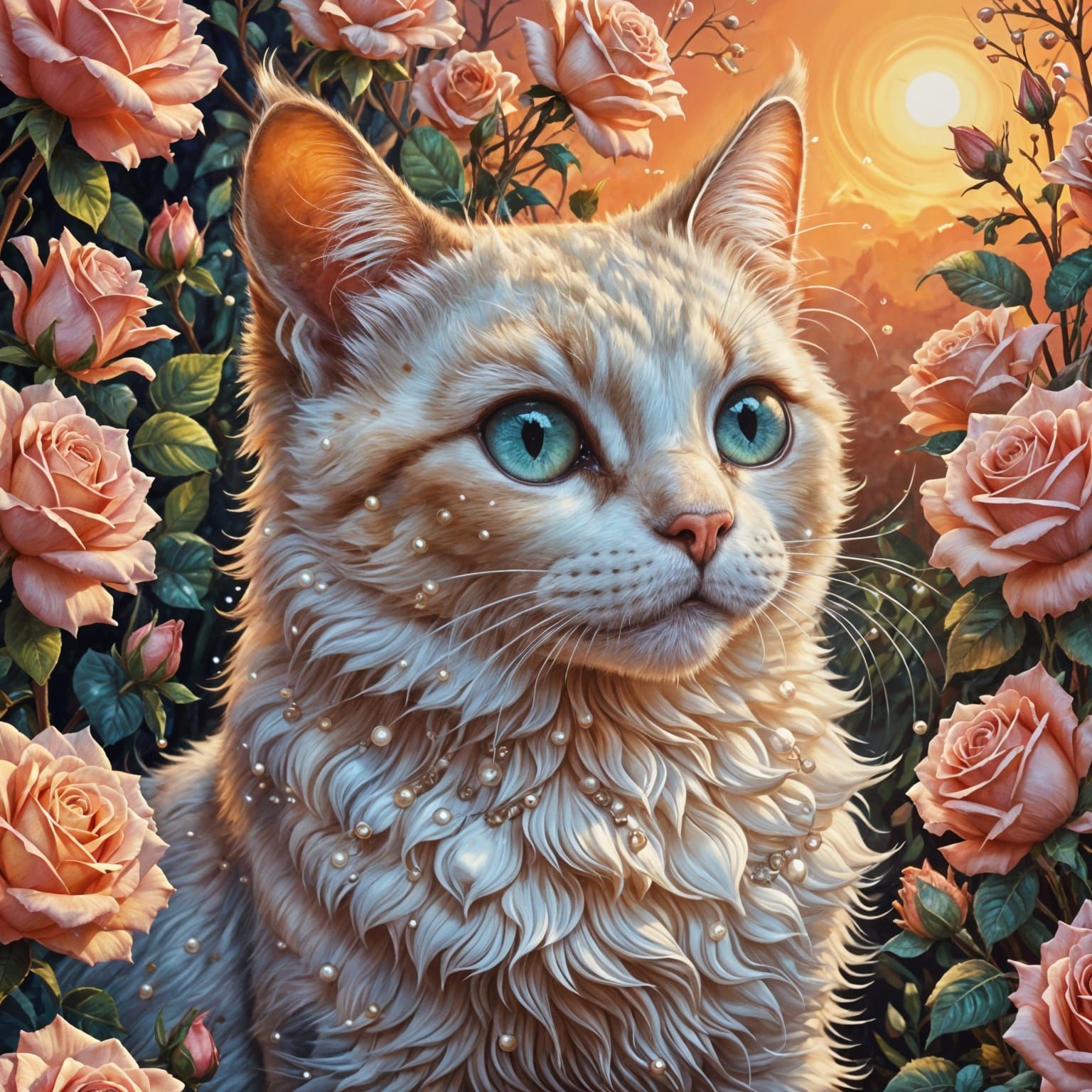 Pearl Cat in Whimsical Garden Setting