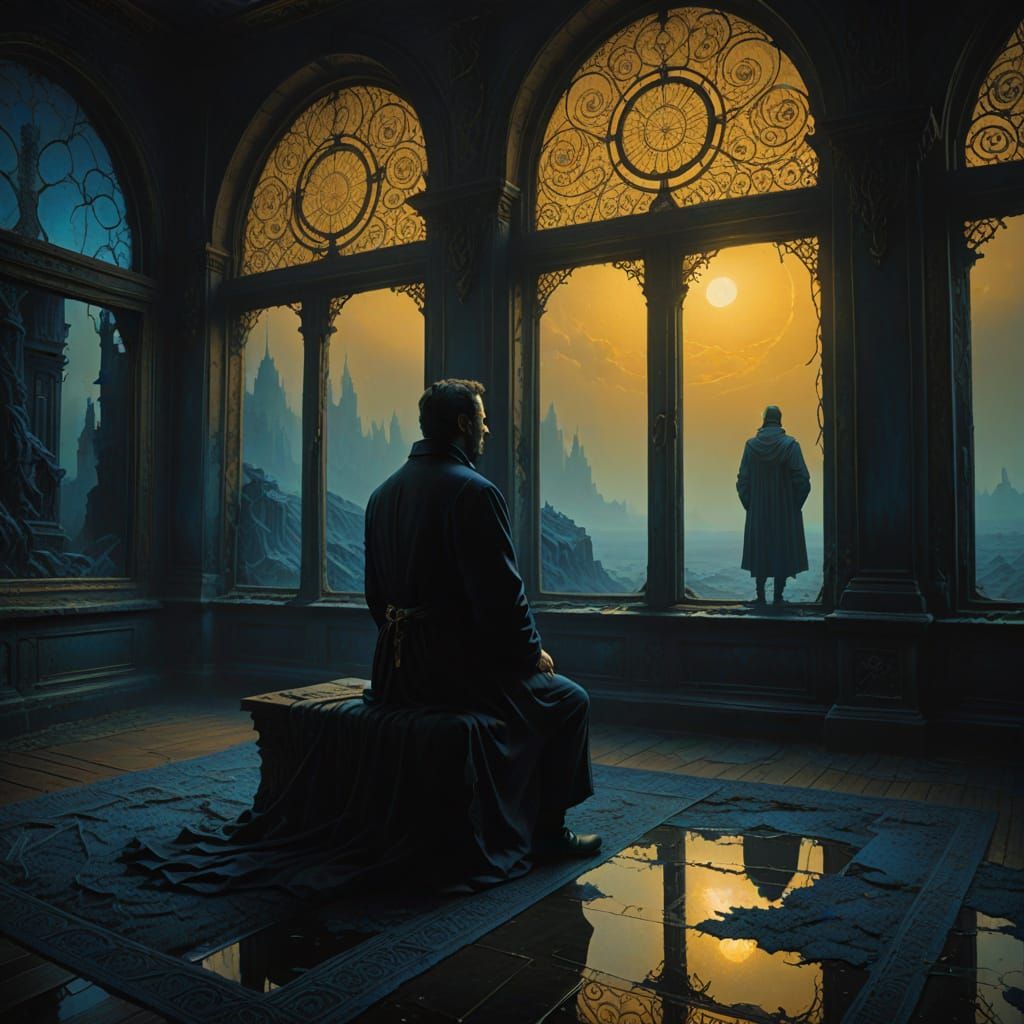 Mysterious Figure Emerges from Shadows in a Dark Fantasy Sce...