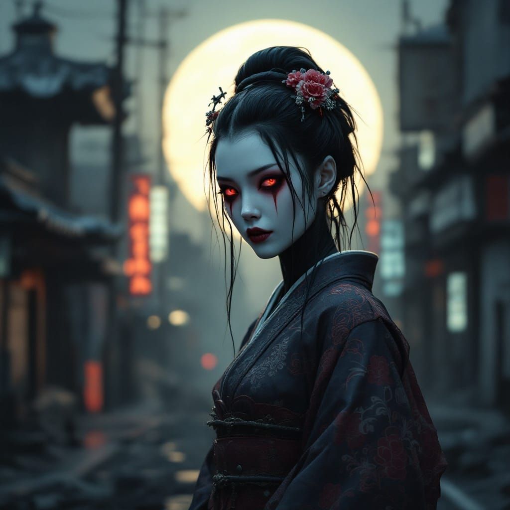 Ethereal Geisha in Apocalyptic Cityscape, Shot in 35mm Film ...