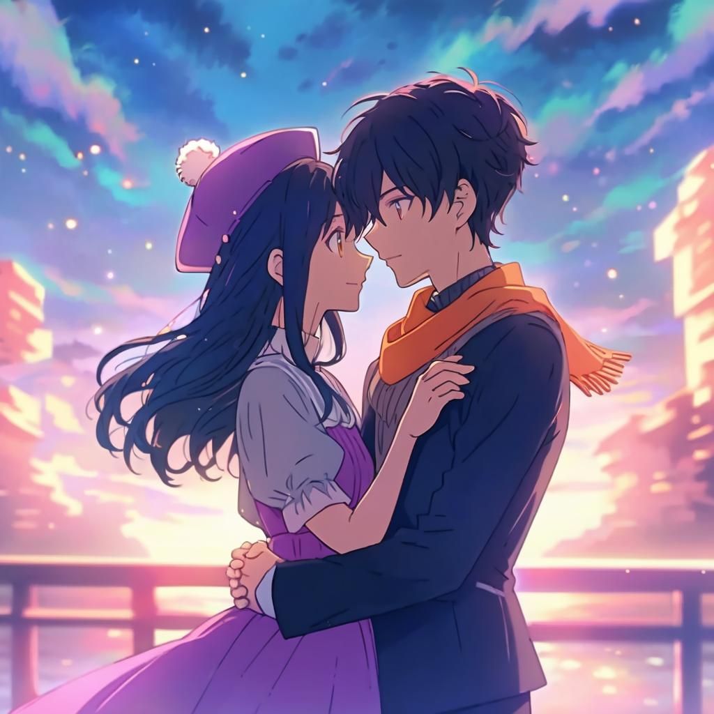 Dreamy Anime Couple Basks in Moonlit Embrace