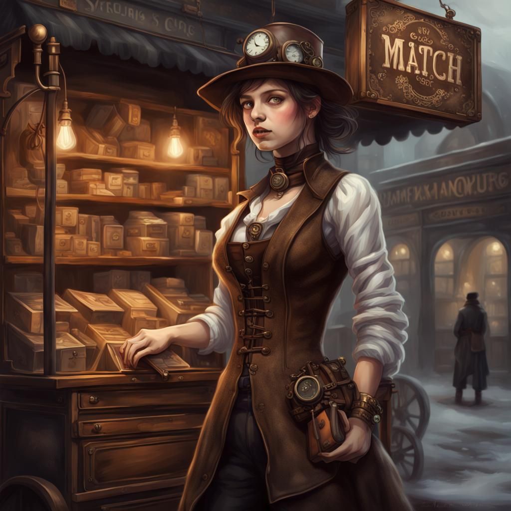Shivering Match Girl in Steampunk Setting