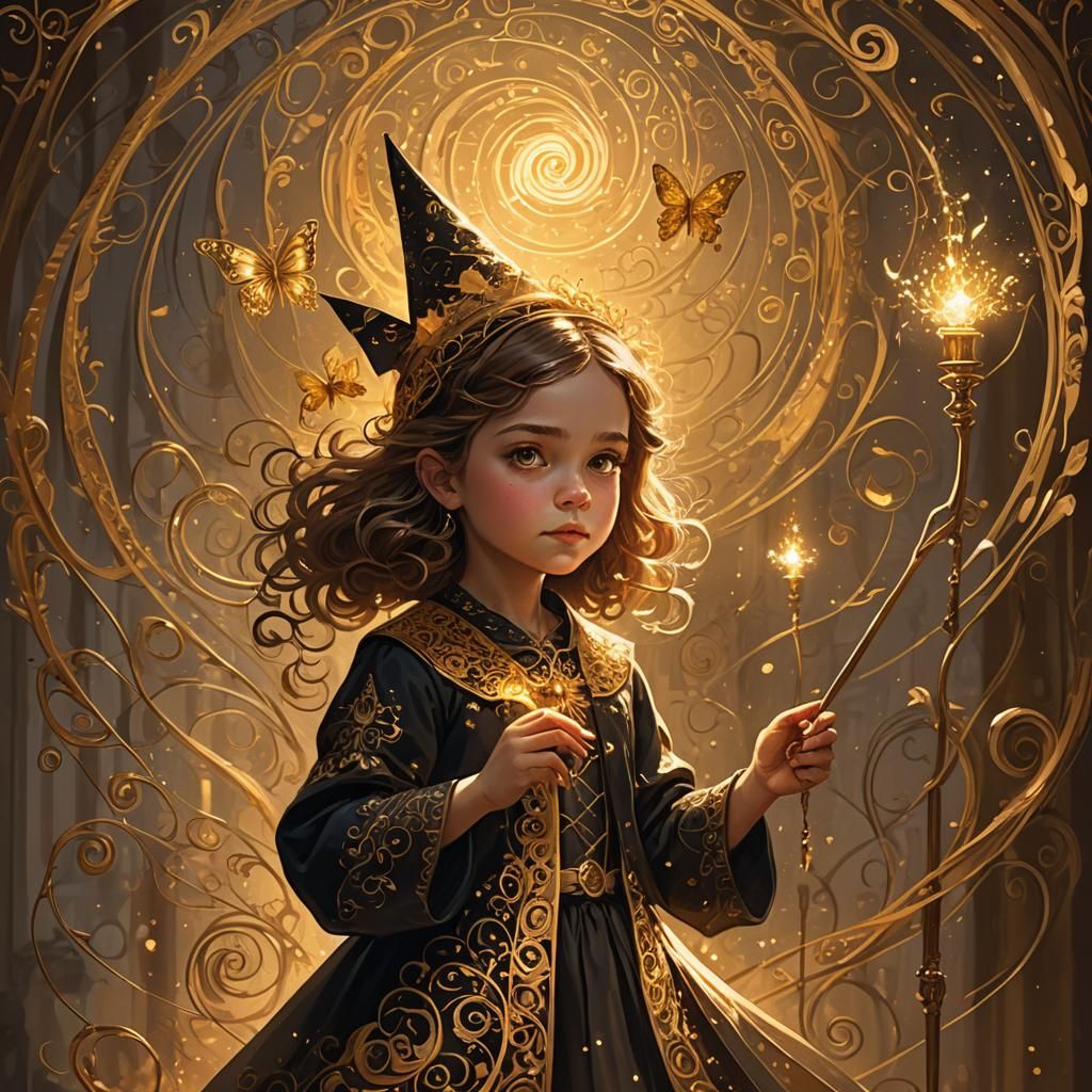 A digital painting of a little witch dressed in a vintage at...