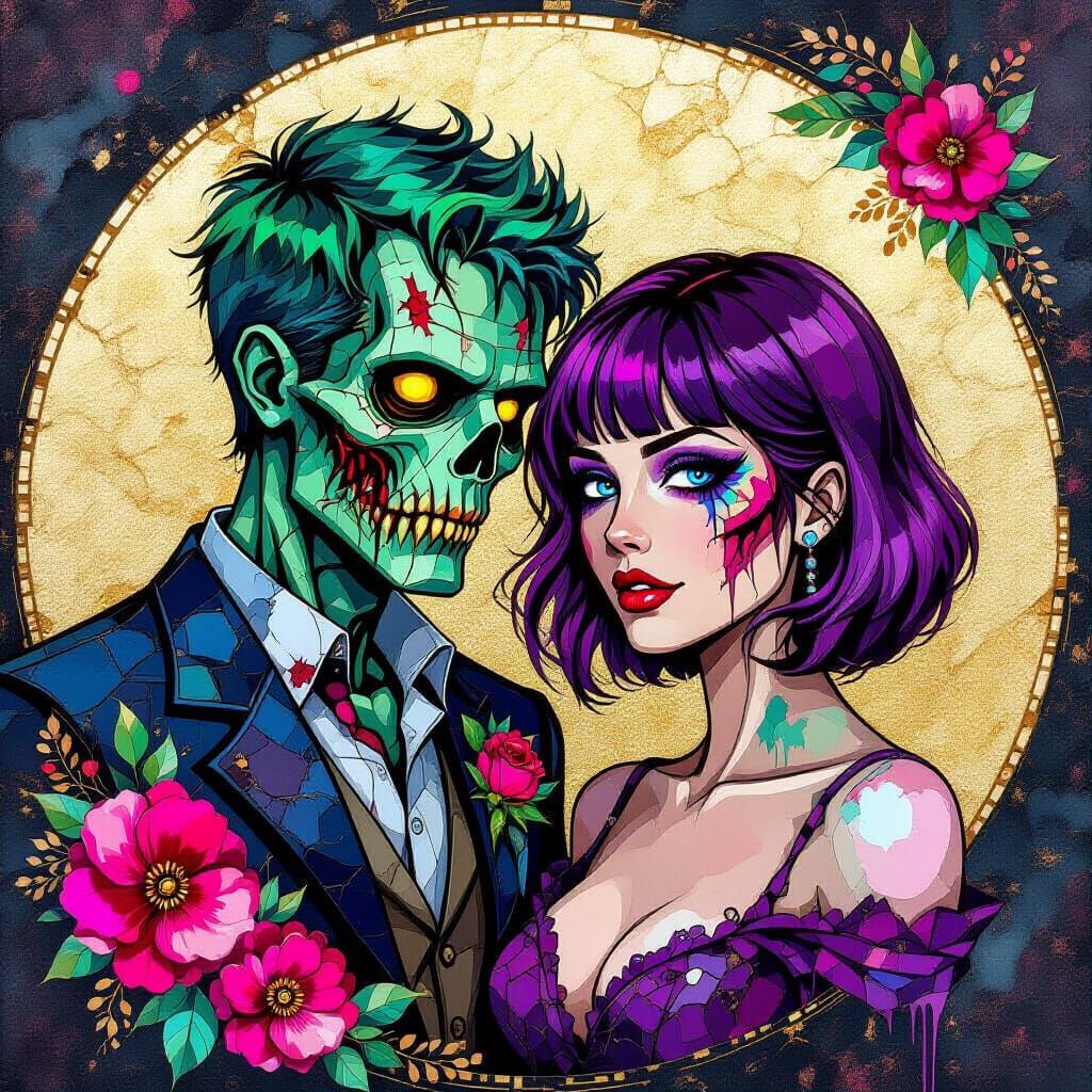 Zombie Couple Mosaic Art with Biomechanical Horror Aesthetic
