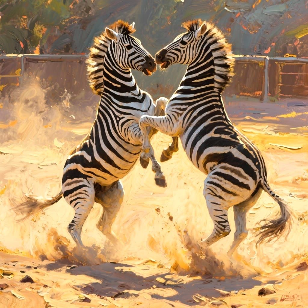 Zebra Stallions Sparring: Impasto Oil Painting