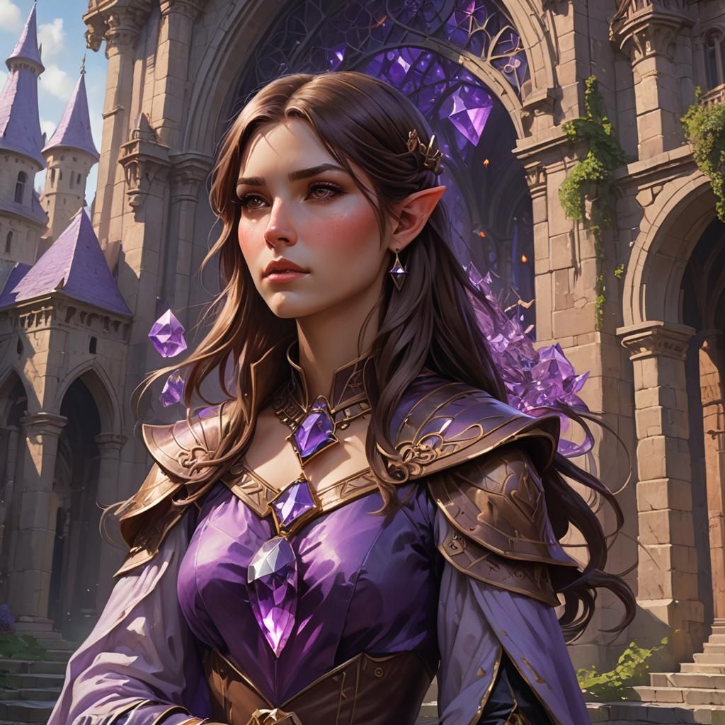 Girl Holding Gem in Front of Tower, Detailed Portrait