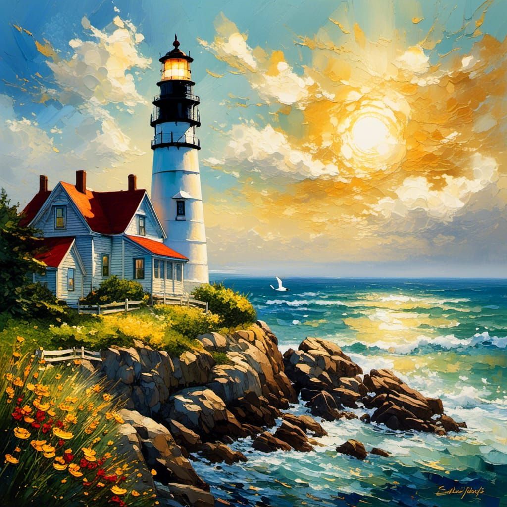 Portland Head Light Gouache Painting with Wildflowers