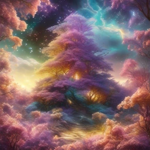 Surreal Cherry Blossom Wonderland in Mystical Forest