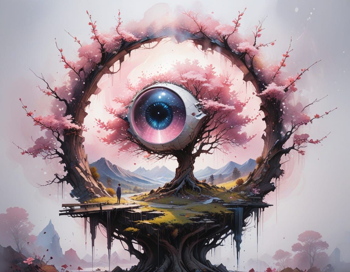 Cosmic Eye Observatory in Snowy Valley with Luminous Tree