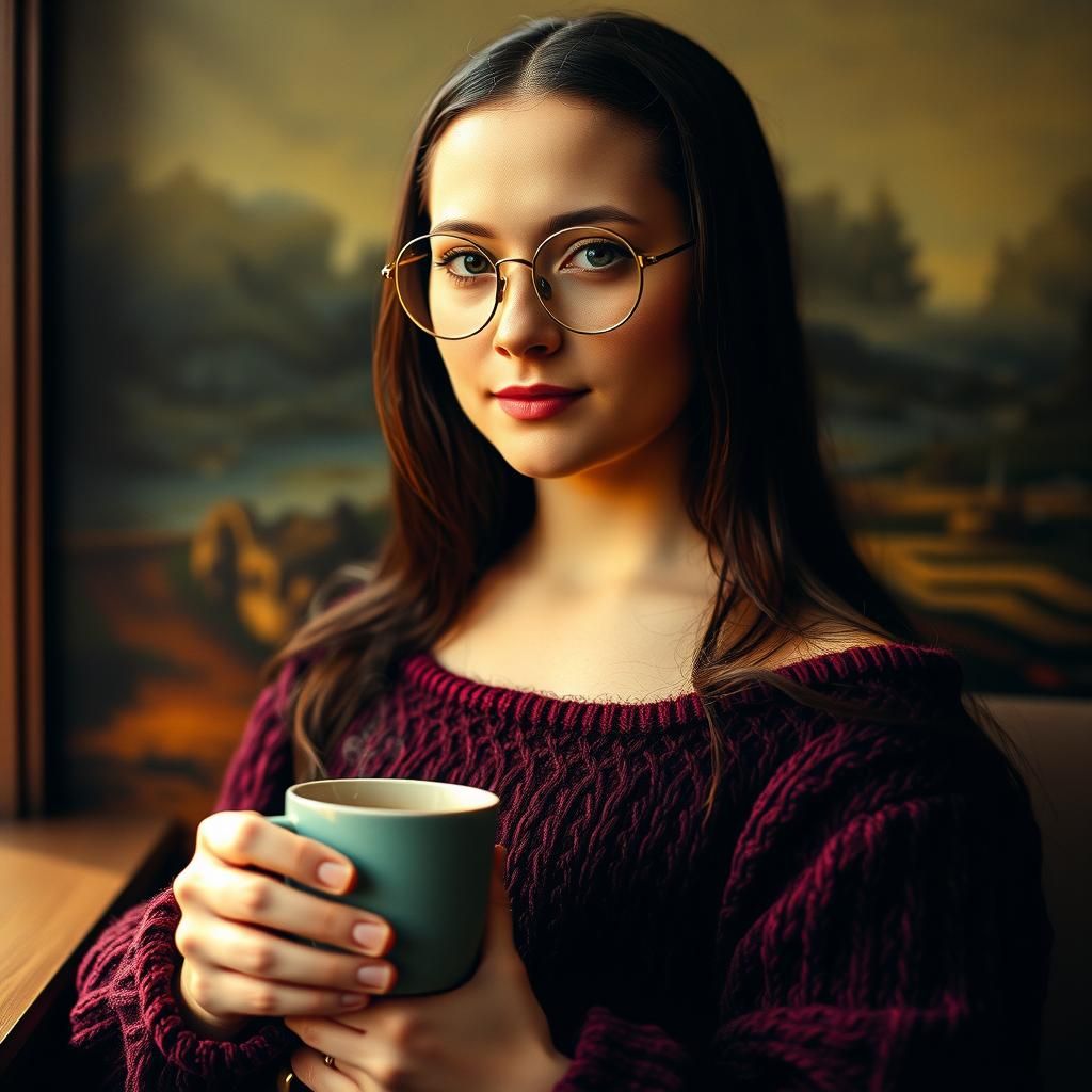 Modern Mona Lisa with Coffee, Cinematic Portrait