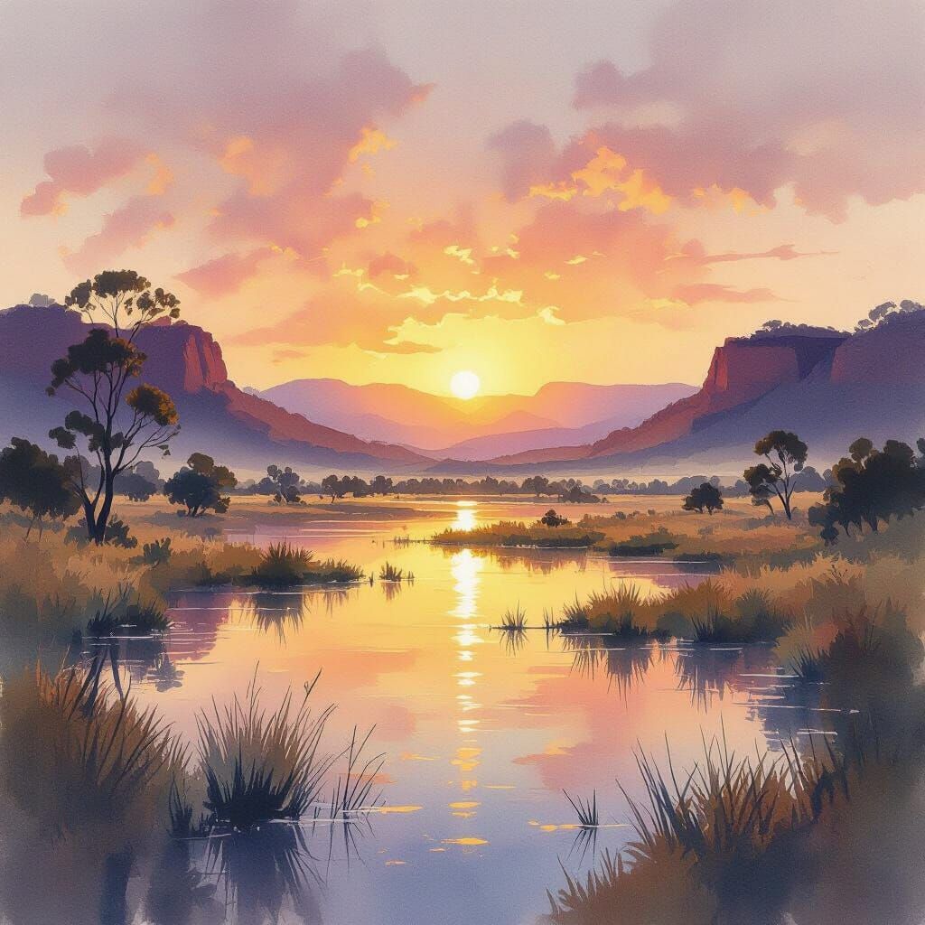 Australian Outback Sunrise Over Mountains in Expressive Wate...