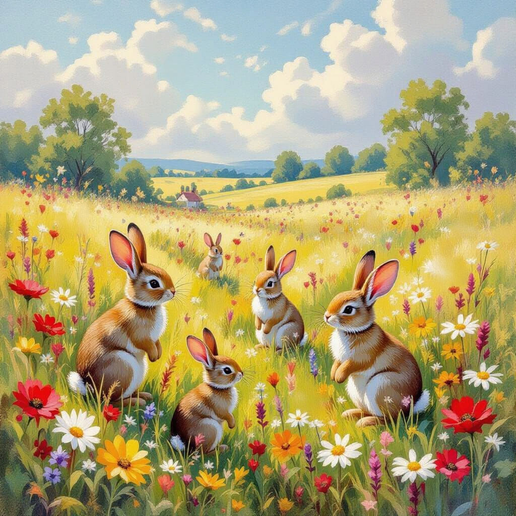 Lush Flower Meadow with Pollinators, Gouache Impressionism