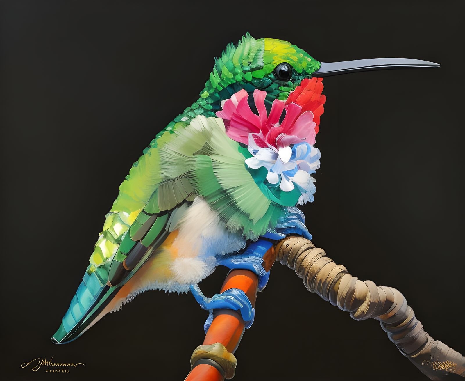 Colorful Ink Splash Hummingbird Portrait in Oil