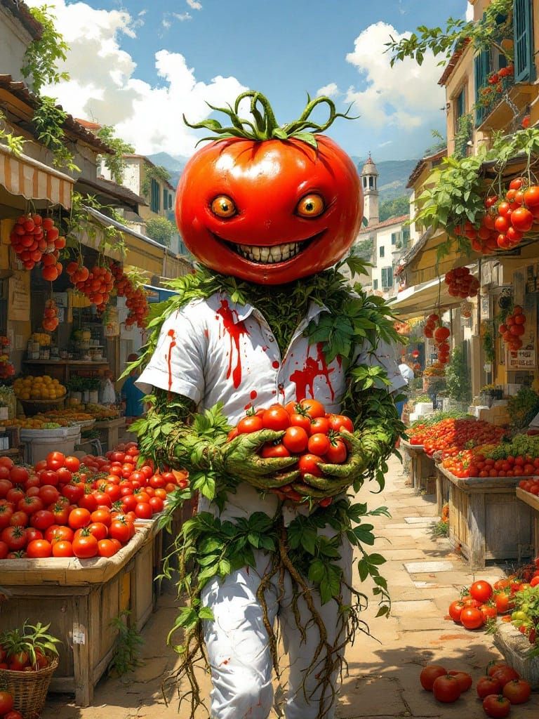 Vibrant Tomato Creature Amidst Whimsical Market Scene