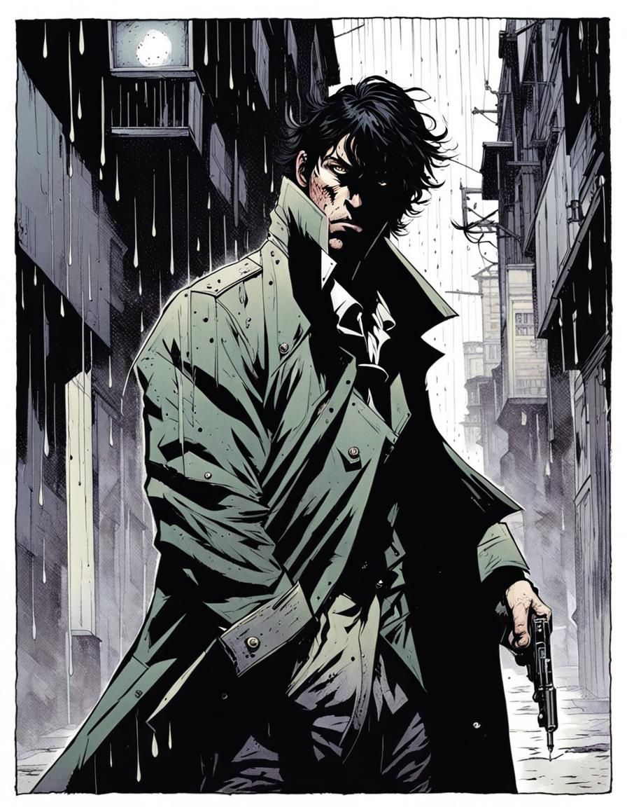Gritty Noir Portrait of a Vigilante in the Rain