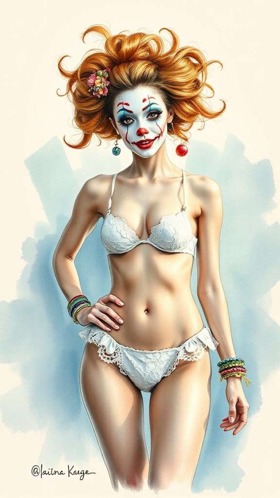 Vibrant Clowness in a Delicate Bikini, Watercolor and Colore...