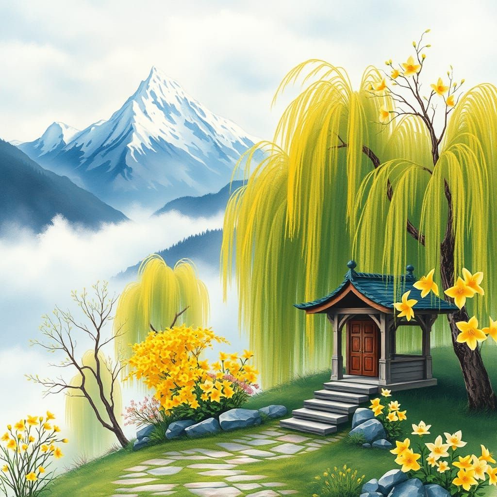 Spring Landscapes with Jonquilles and Weeping Willows in Wat...