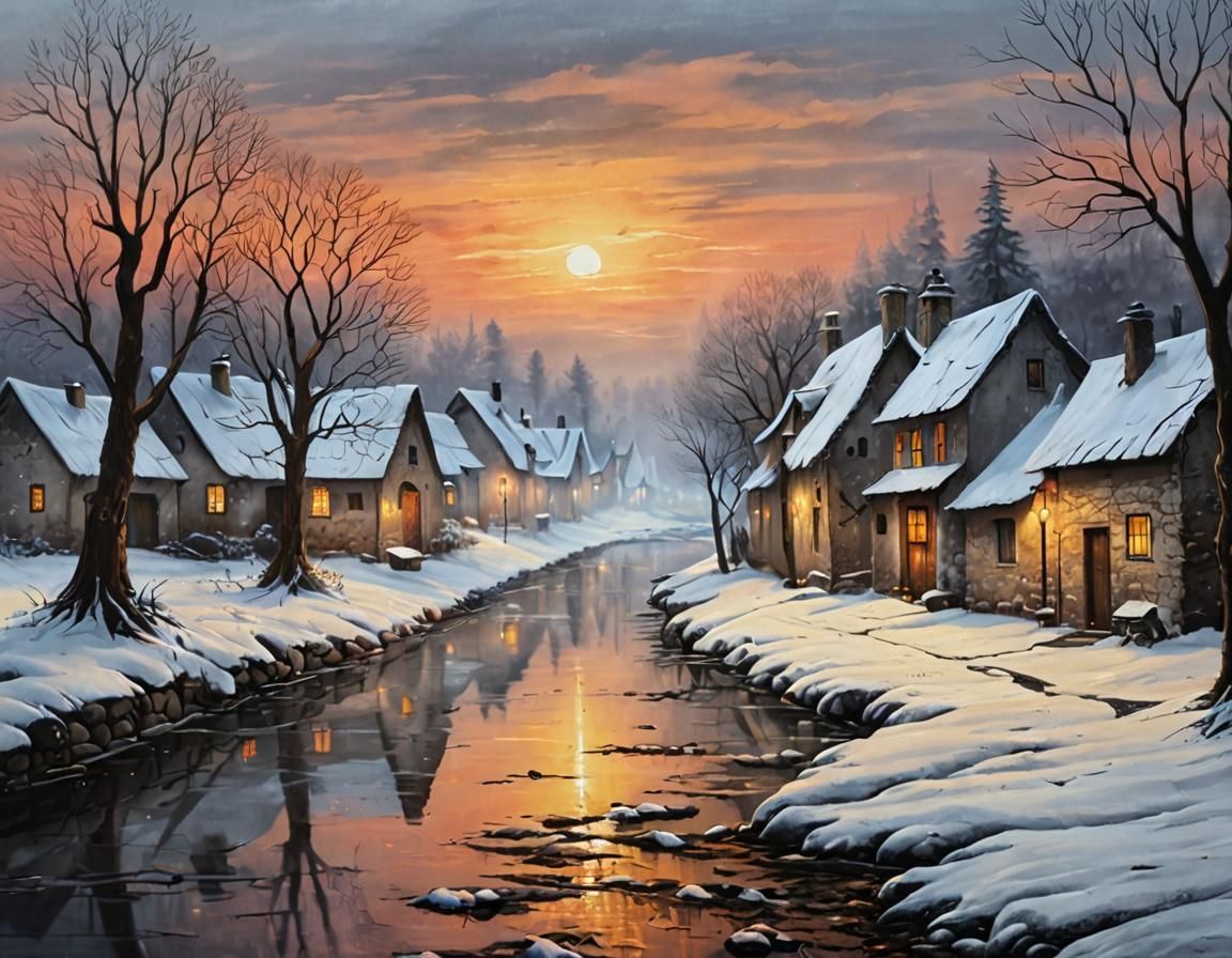 Winter Village Alley: Rustic Acrylic Masterpiece