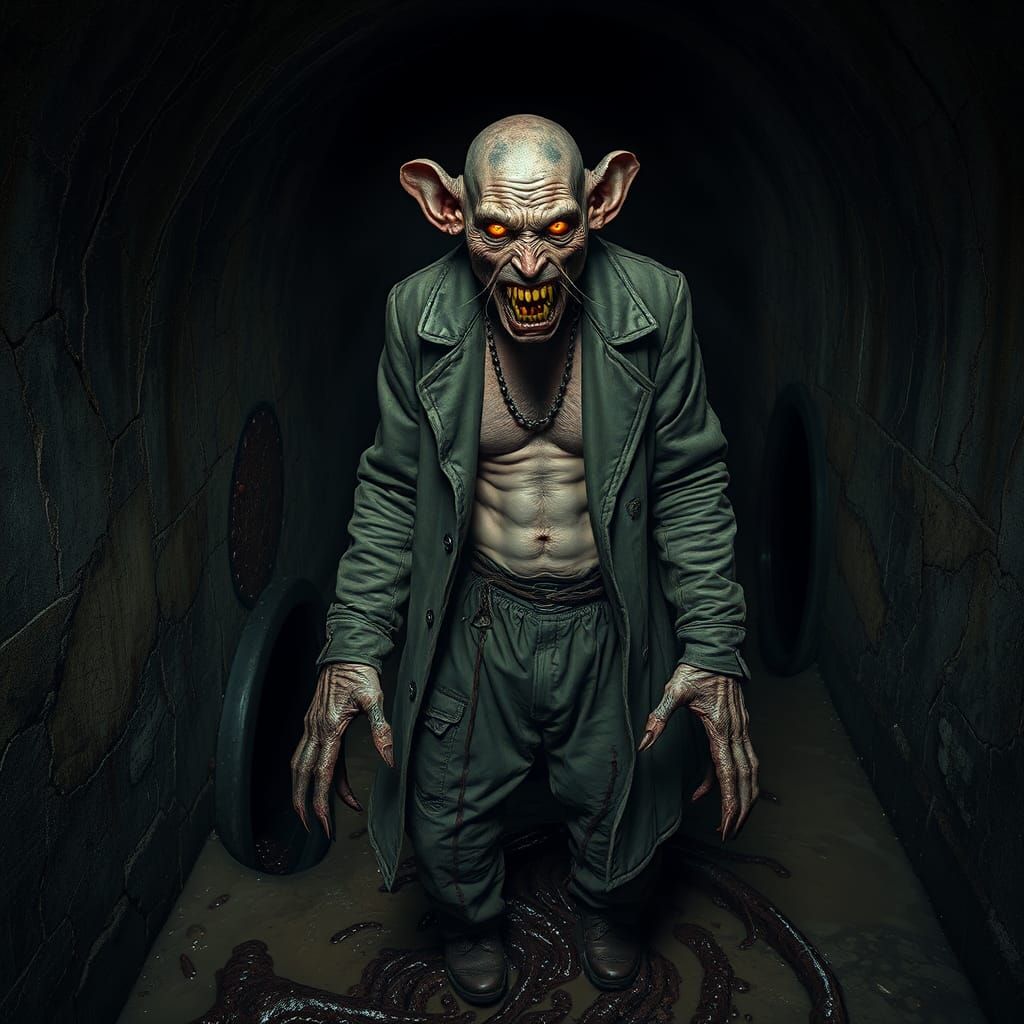 Grotesque Rat-Man Hybrid in Sewer, Photo-Realistic Horror