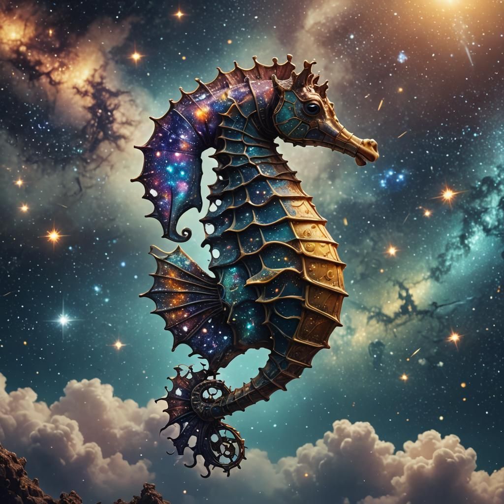 Fantastical Seahorse Drifting in Starry Sky