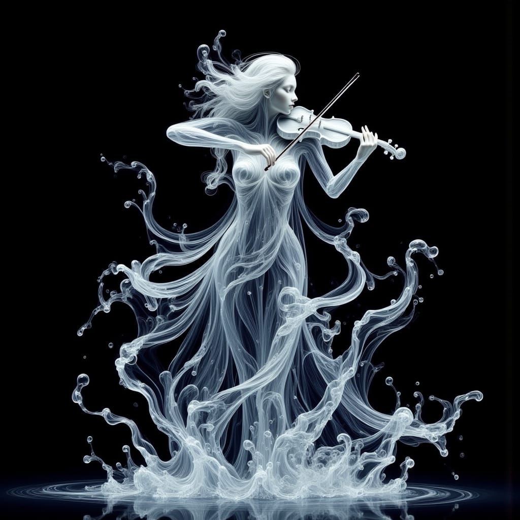 **"Die magische Wassergeige: Fließende Schönheit und surreale Eleganz im Dunkel des Unbekannten"**