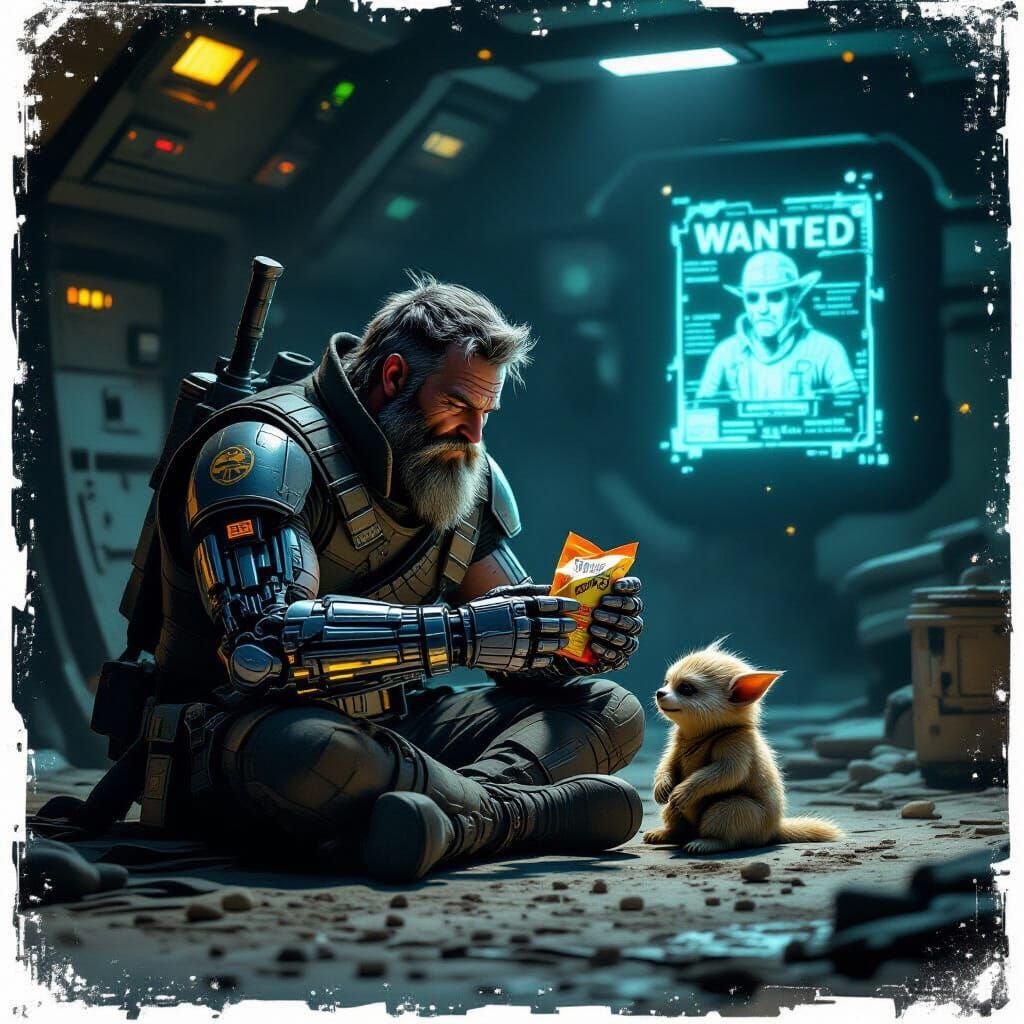 Space Pirate's Kind Gesture with Alien on Dusty Station