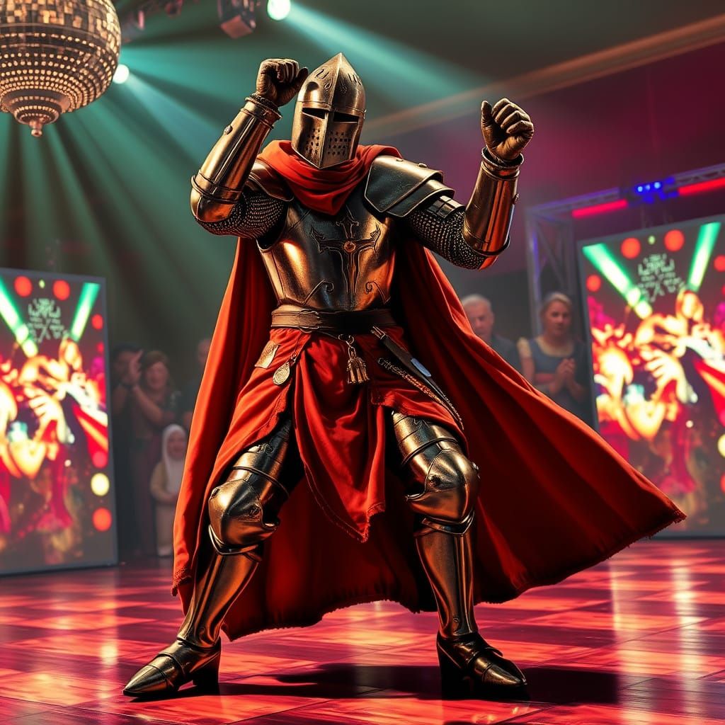 Medieval Knight Dancing on Disco Floor