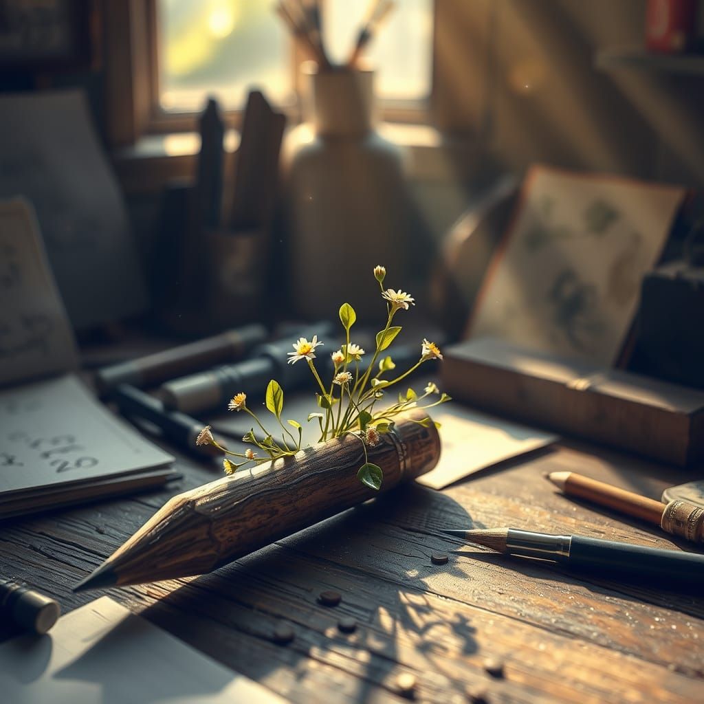 Magical Pencil Blooming with Leaves and Flowers on Desk
