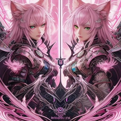 Pink Neko Girl with Heterochromia in Anime Style