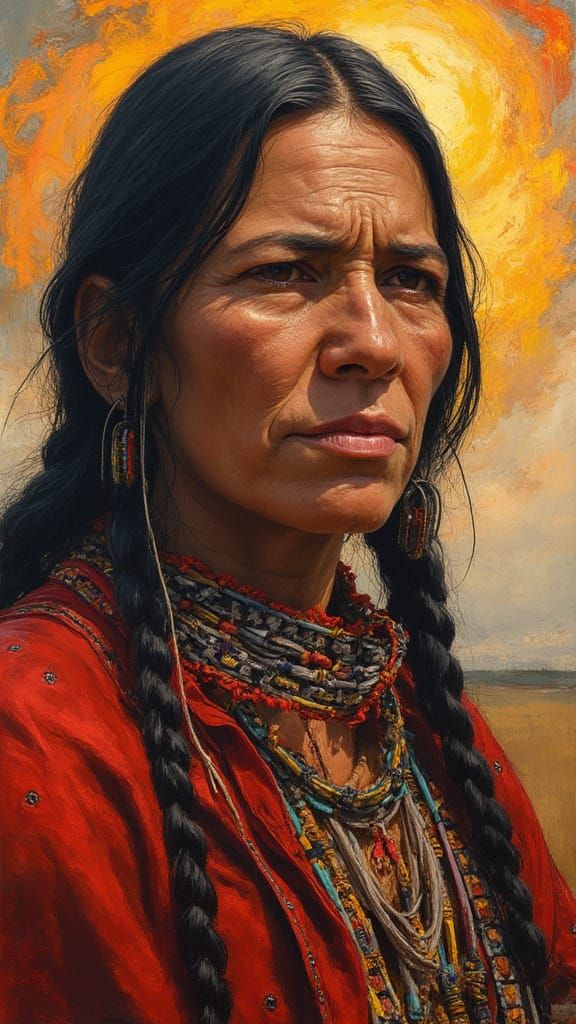 Lakota Mother, Fierce and Protective in Oscar Howe Style