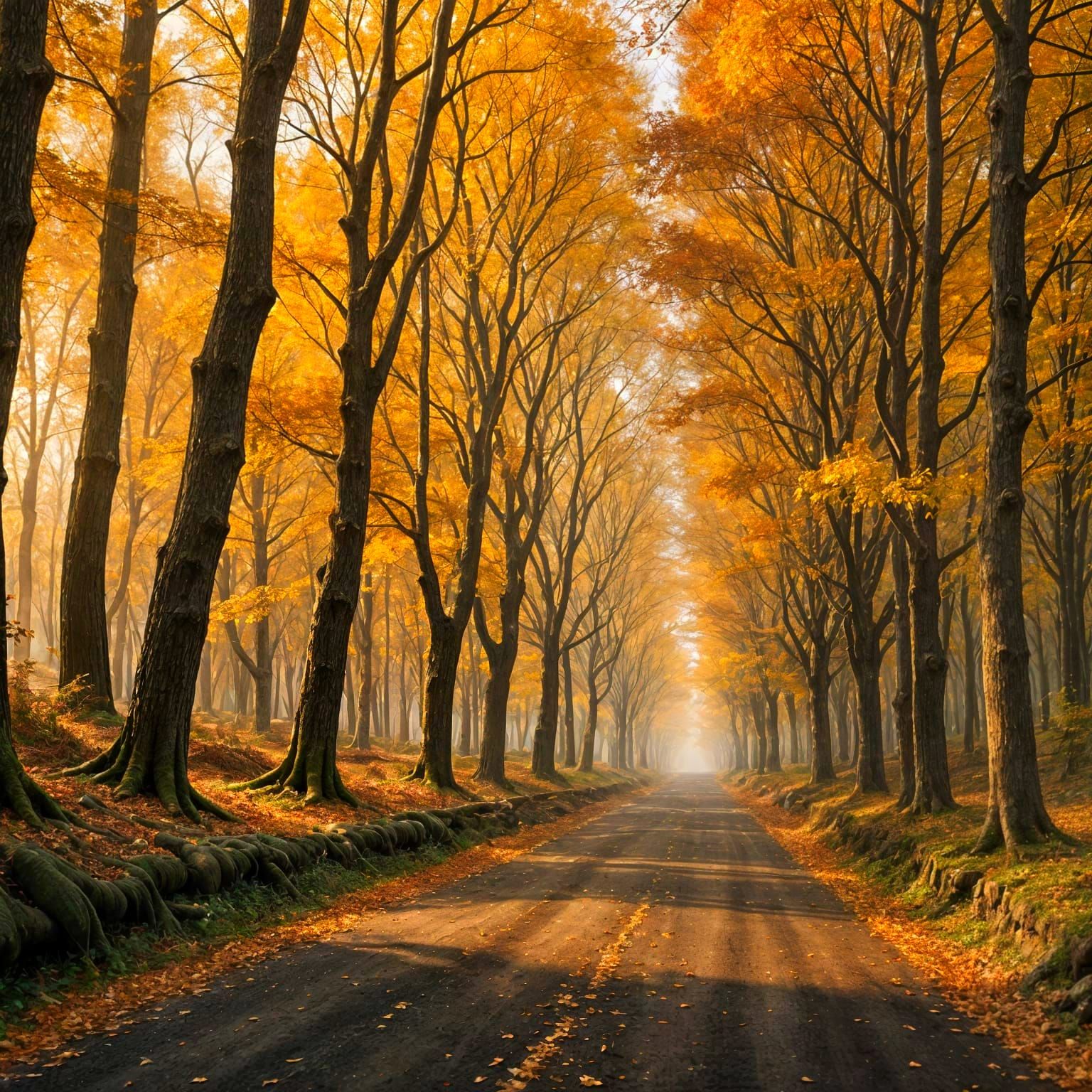 Autumn Road Through Forest: Cinematic Digital Painting