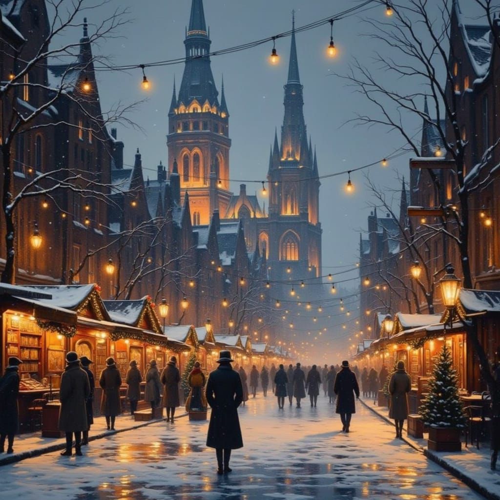 Snowy European Christmas Market at Dusk