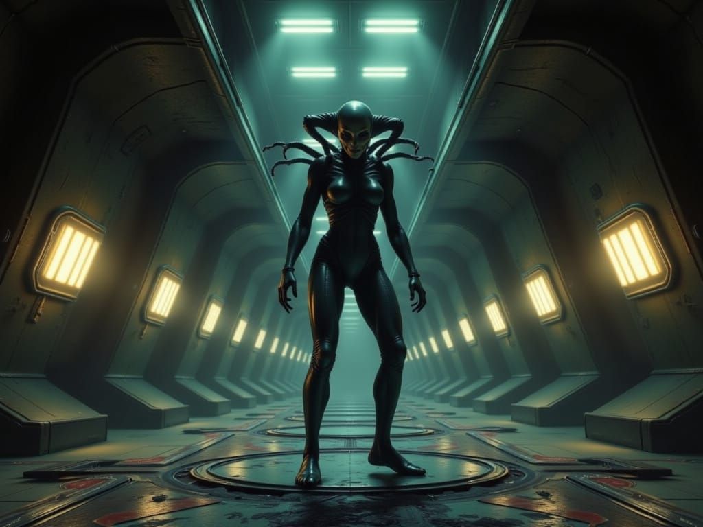 Queen Xenomorph in Liminal Spaceship Corridor, Deep Colors