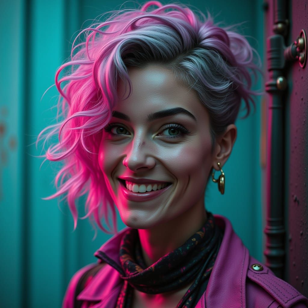 Punk Doctor with Curly Hair in Neon Light