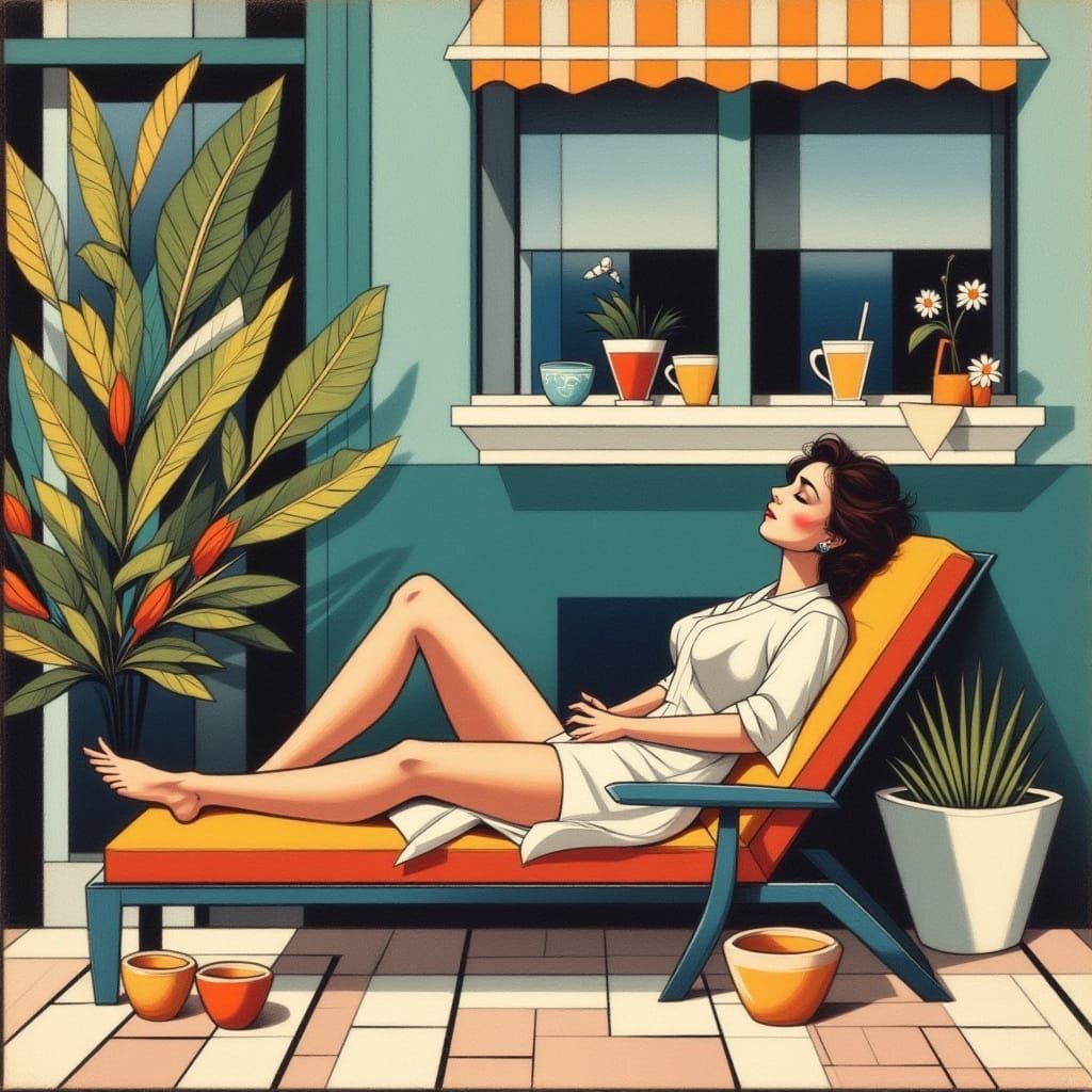 Woman Relaxing on Patio in Minimalist Style