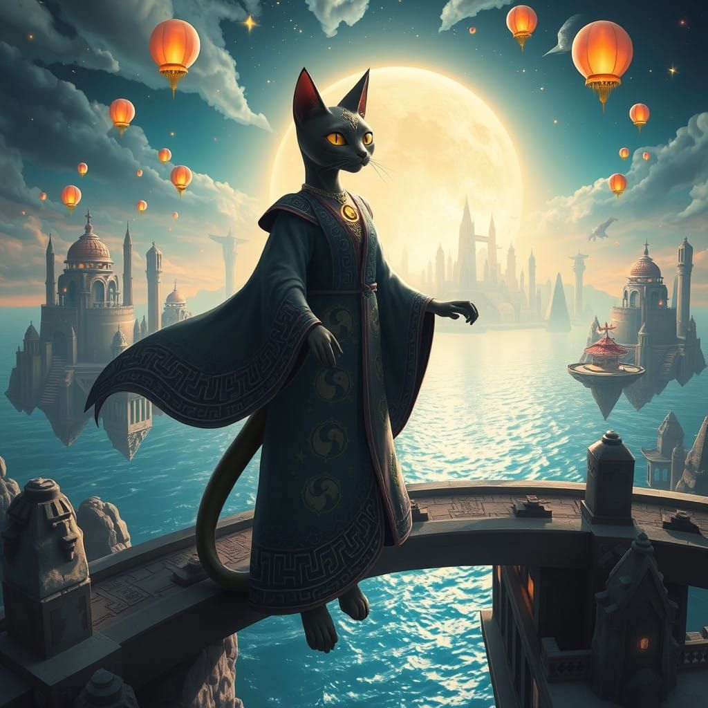 Surreal Mystic Cat Reigns Over Vibrant Floating City
