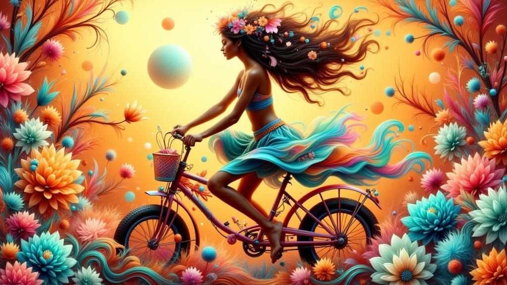 Woman on Bicycle with Swirls and Flowers